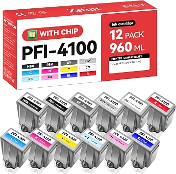 PFI-4100 Pigment Ink Tank Set 12-Pack 80ml High Capacity Replacement for Canon PFI-4100 PFI4100 Ink Cartridges Compatible with Canon ImagePROGRAF PRO-1100 Color Printer Matte Black Cyan Yellow Magenta