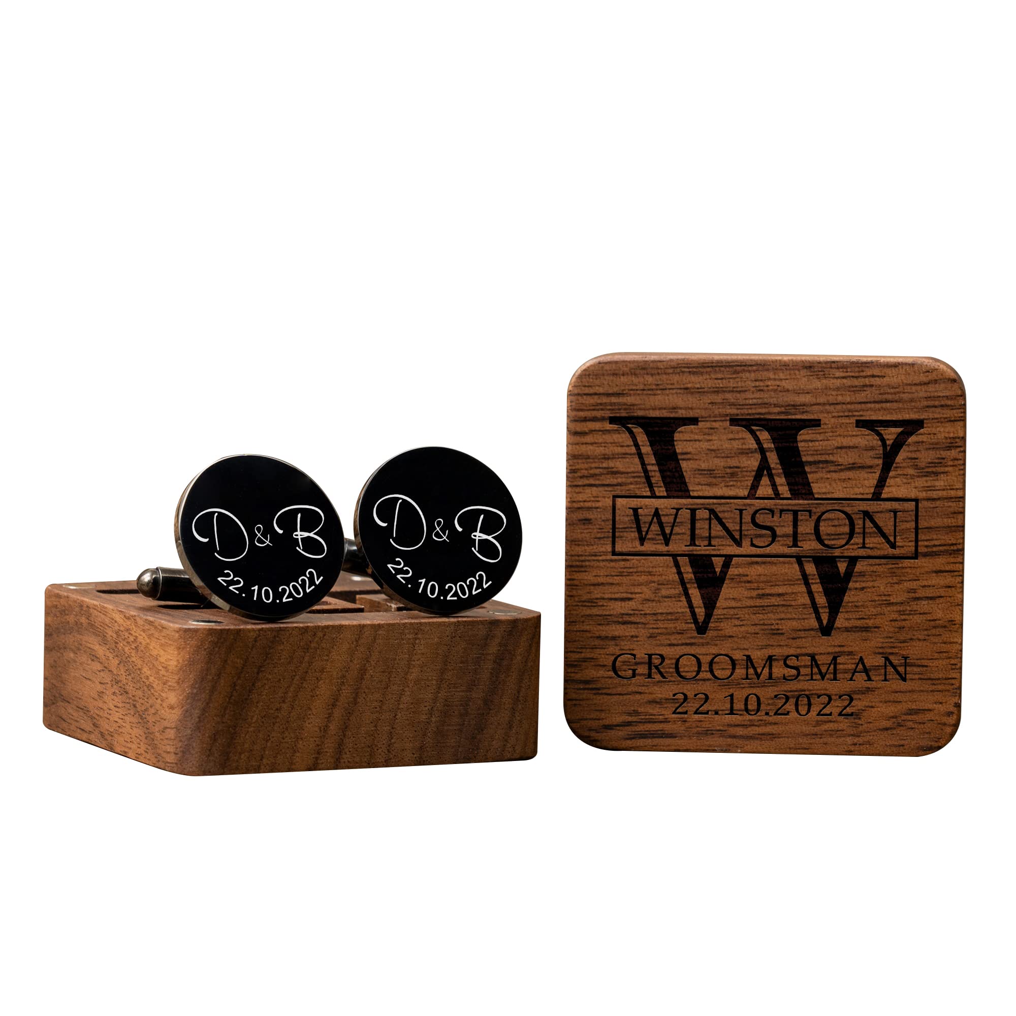 Esseur Gemelos de metal personalizados para hombre, gemelos grabados personalizados para hombres, juego de gemelos para hombres, regalo para padrino, novio y padrino, 4.5*4.5*2.5 cm, Madera, No es una piedra