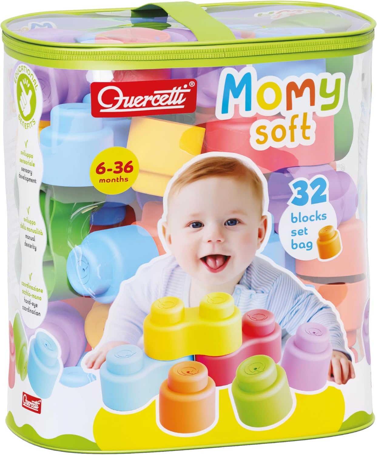Quercetti: MOMY Soft - 32pc Blocks Set, Colorful Washable Shapes, Sorting & Stacking, Construction Toy, Safe Early Development Play, Baby-Toddler 6mo+
