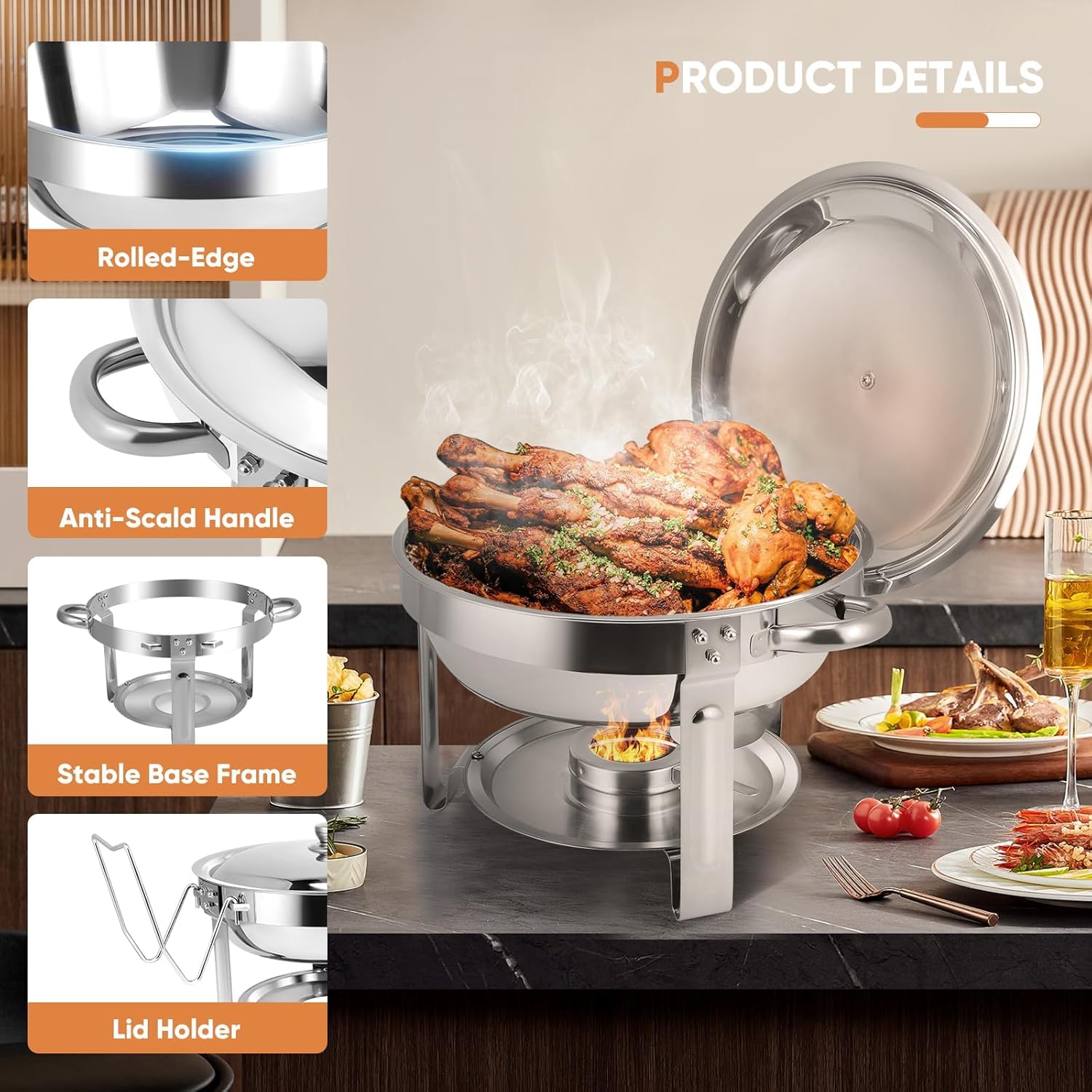 Acciaio Inossidabile Rotondo Buffet Chafing Piatto Vetro Lid 6 Litre Cibo Scaldabagno Catering, Chafing Dish Catering Buffet Warmer Set, per Feste, Buffer e scaldavivande con Coperchio Set