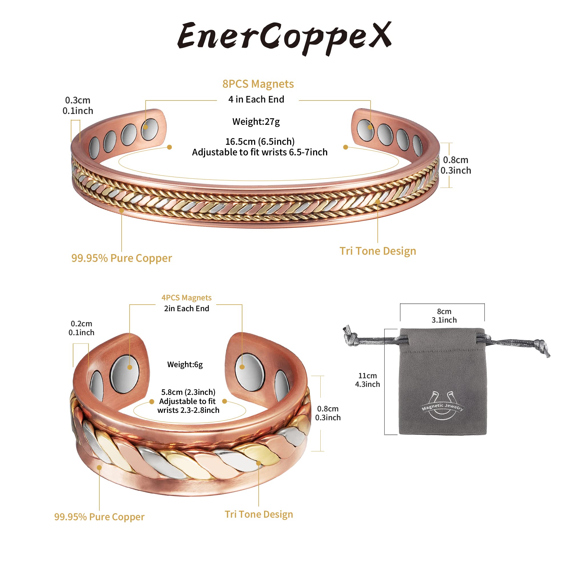 Bracciale Magnetico In Rame Uomo Donna: Set Anello E Bracciale Anti-fatica Con 6 Magneti
