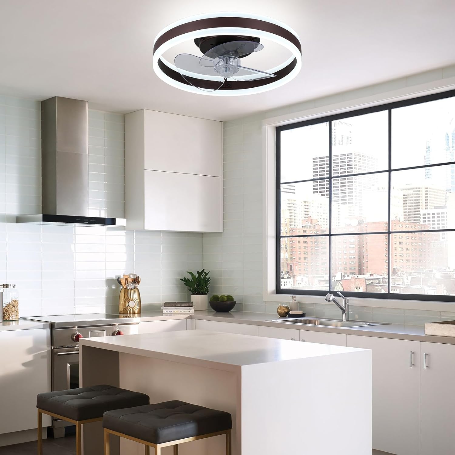 16" Low-Profile Ceiling Fan with Light (Coffee Brown), Modern Bladeless Enclosed Fandelier, Dimmable CCT, Remote & App Control, Timer & Memory for Bedroom/Living Room/Hallway