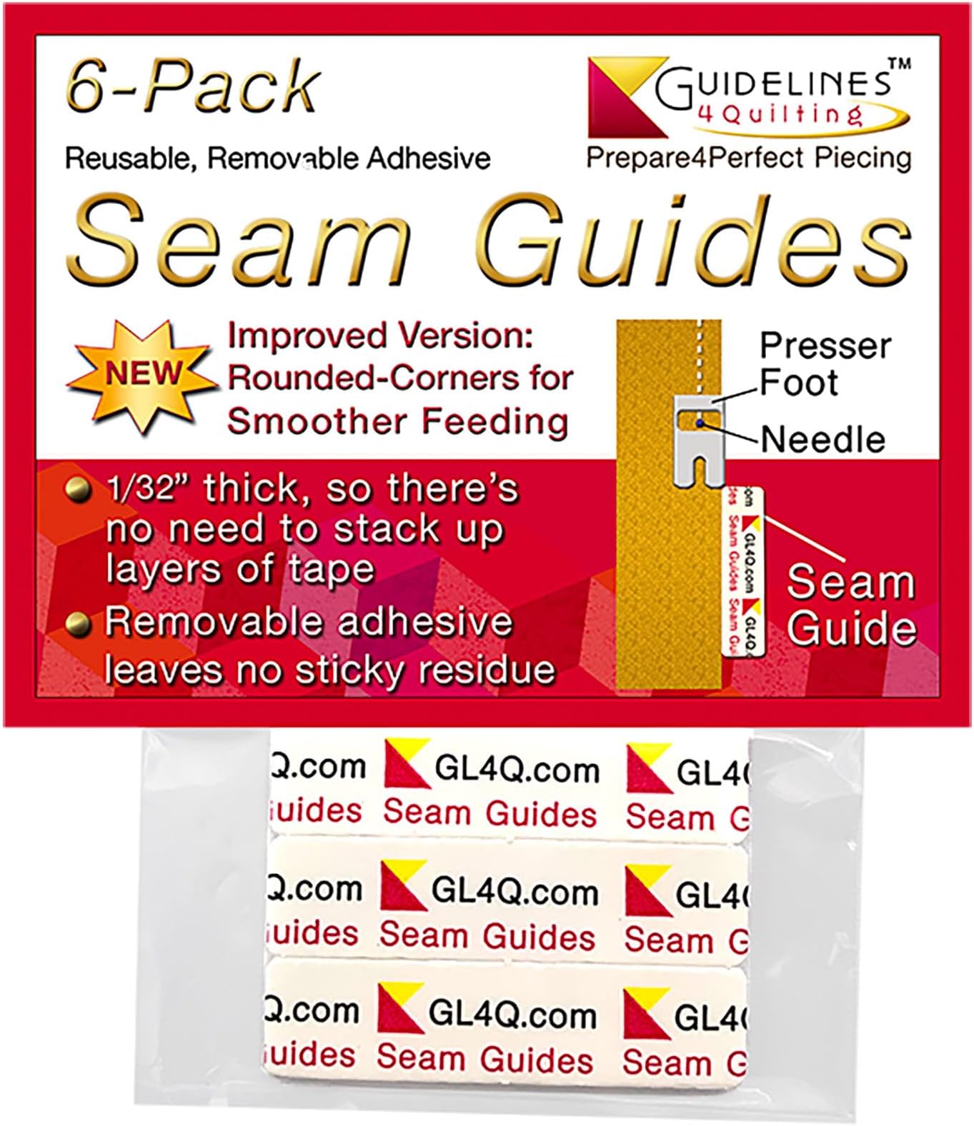 Guidelines4quilting 6-Pack Seam Guides - Peel-and-Stick, Removable Adhesive Leaves No Residue. Accurate Fabric Guide for Sewing. Perfect Height for Double-Layered Fabric. Fits All Sewing Machines