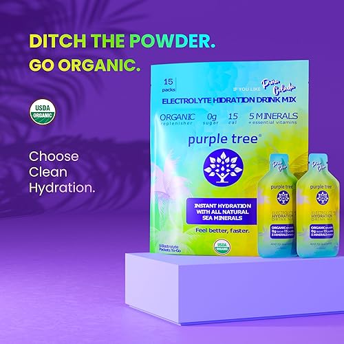 Miniatura 2 de Purple Tree - Paquetes de hidratación de electrolitos orgánicos de Purple Tree, sin azúcar, piña colada + variedad de sabores, paquetes de