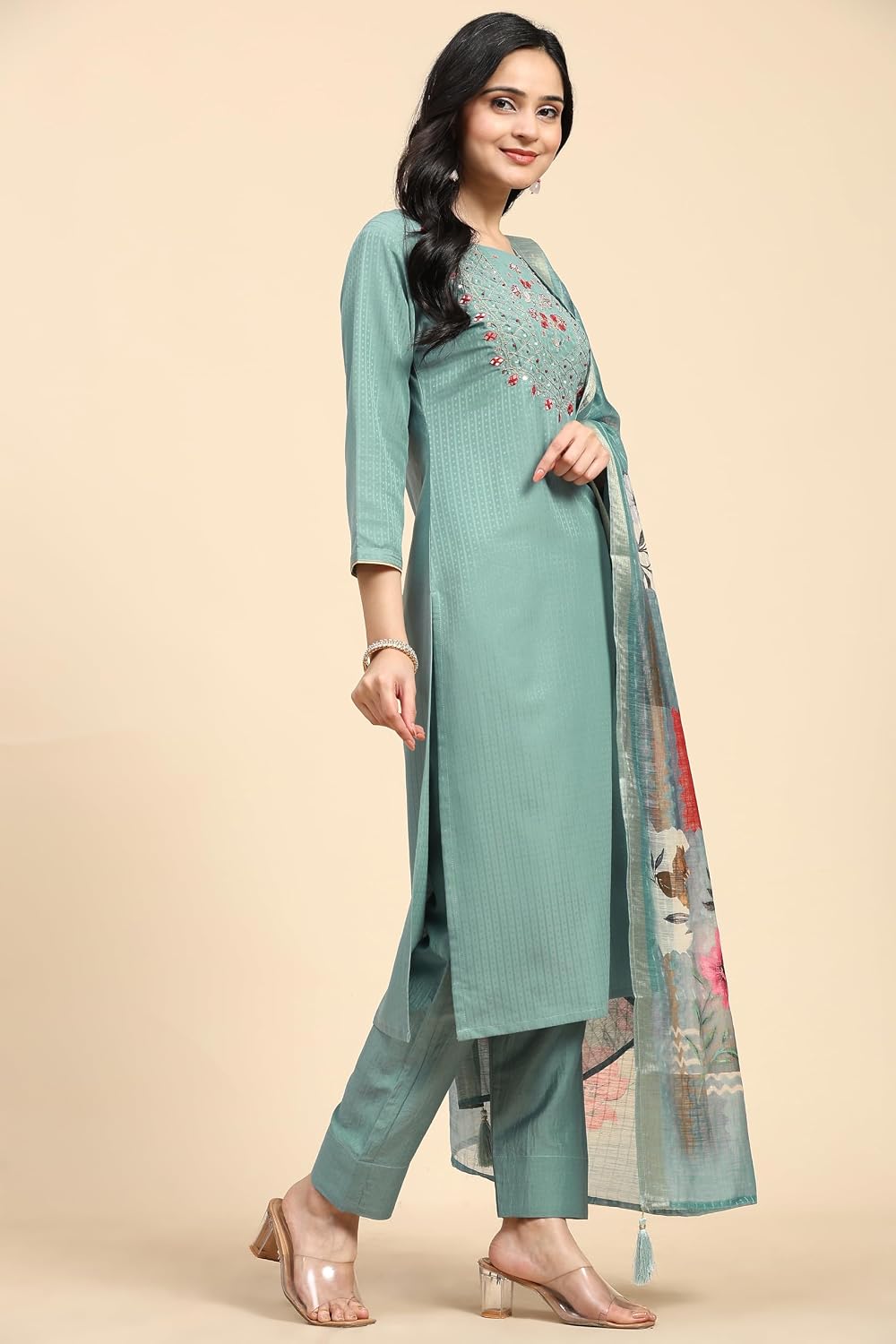 TRENDMALLS Women's Cotton Embroidery Salwar Suit Set Kurta Pant with Dupatta (G211-LightGreen-XXL), XX-Large