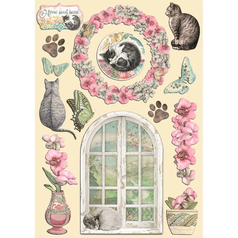 Stamperia International KFT Stamperia A5 Coloured Shape Orchids and Cats, Multicoloured, 5.8 x 8.2 in