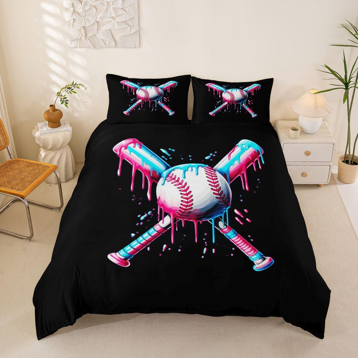 jejeloiu Baseball Duvet Cover Toddler Size Bowknot Comforter Cover for Boys Girls Ice Cream Drip Bedding Set 2Pcs Gaming Sports Room Decor Ball Game