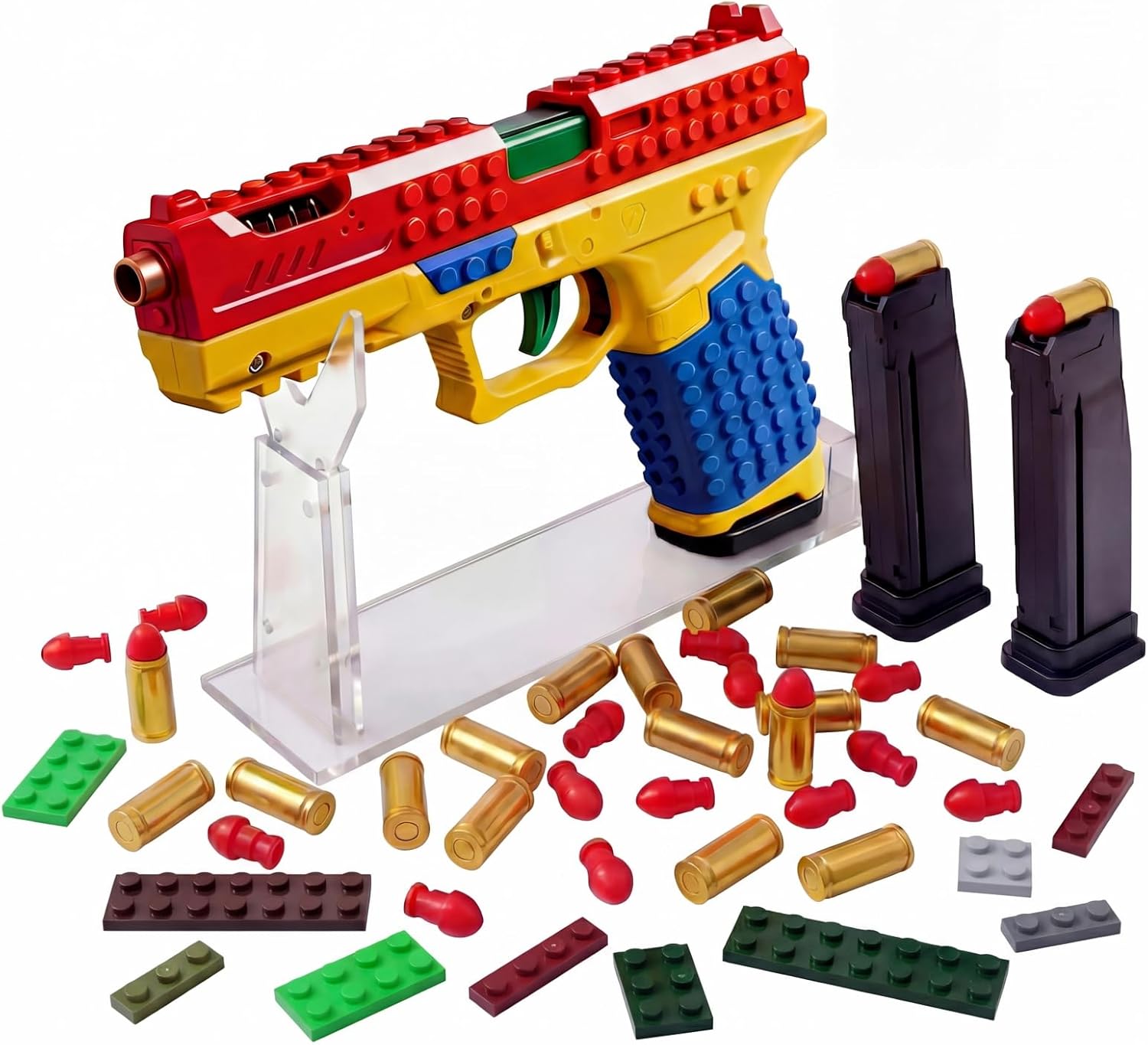Automatic Shell-Ejecting Building Block Toy Gun – 2 Mags, 100 Soft Bullets, 18 Shells, 16 Bricks, Display Stand | Fun Shooting Toy for Kids, Great Gift for Christmas, Birthday, Halloween