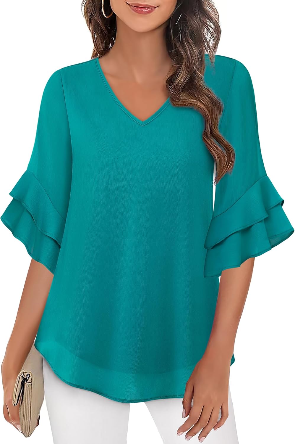 VALOLIA Womens Blouses 3/4 Sleeve Dressy Tops Business Casual Double Layers Shirts - Image 2