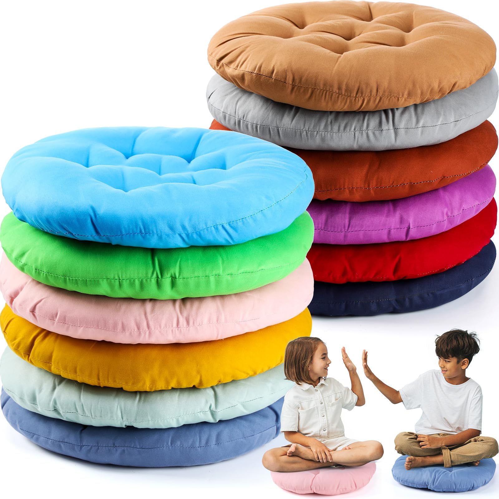 Fumete 12 Pcs Floor Pillows Cushions Seating 16 x 16 Inches Color Round Seat Reading Floor Chair Cushions for Kids Adults Classroom Home School Playing Supplies(Bright Color)