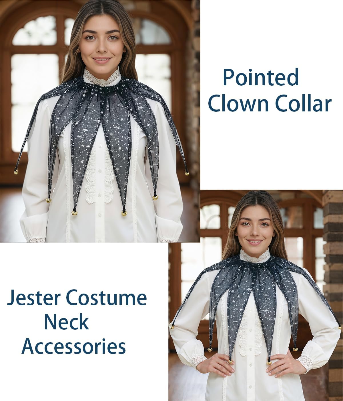 Jester Collar Mesh Pointed Clown Collar with Jingle Bell Adjustable Jester Neck Accessories Costumes, One Size - Image 7