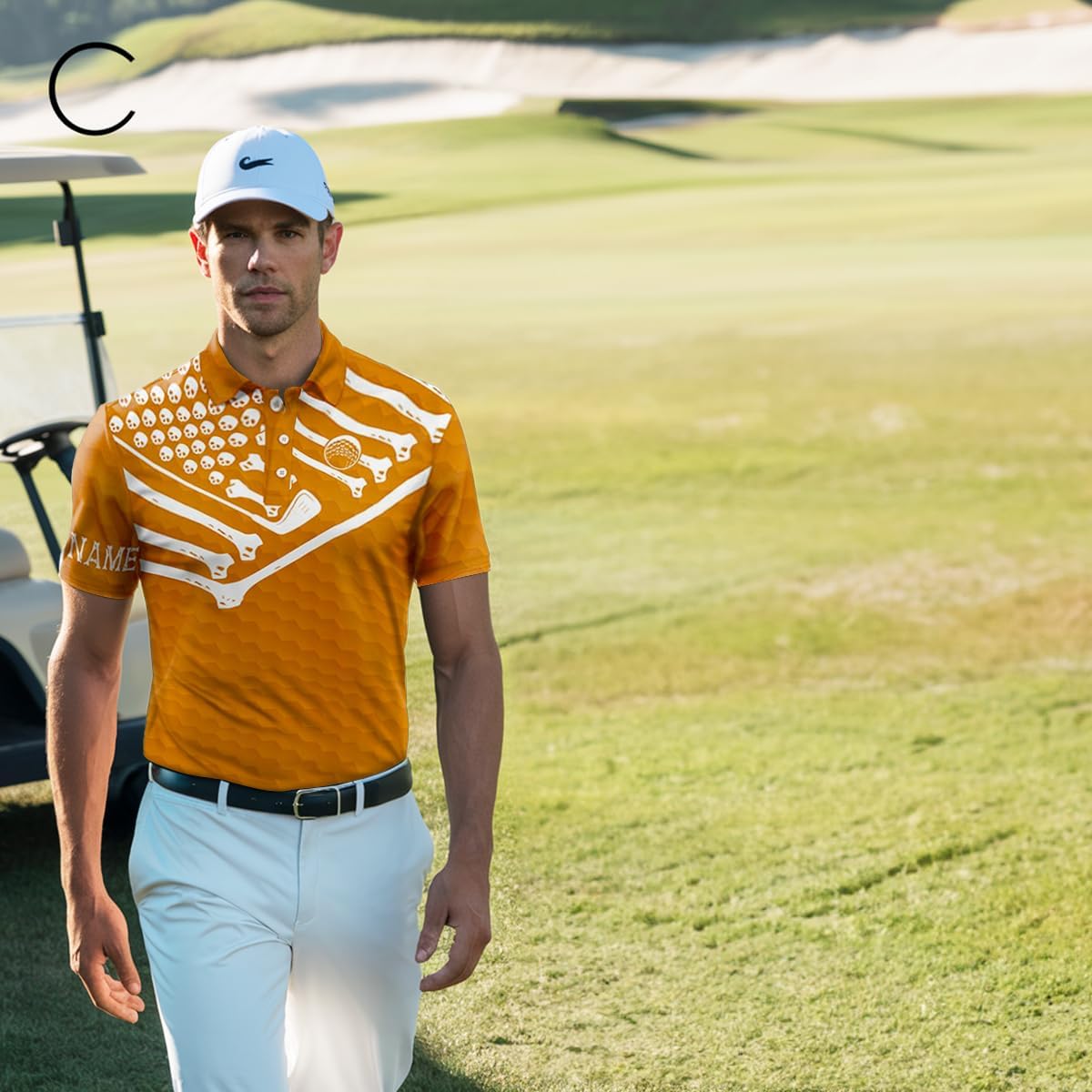 Men's Skeleton American Flag Golf Polo Shirt - Custom White and Orange Halloween Design Performance Golf Polo Shirt Personalized N8583