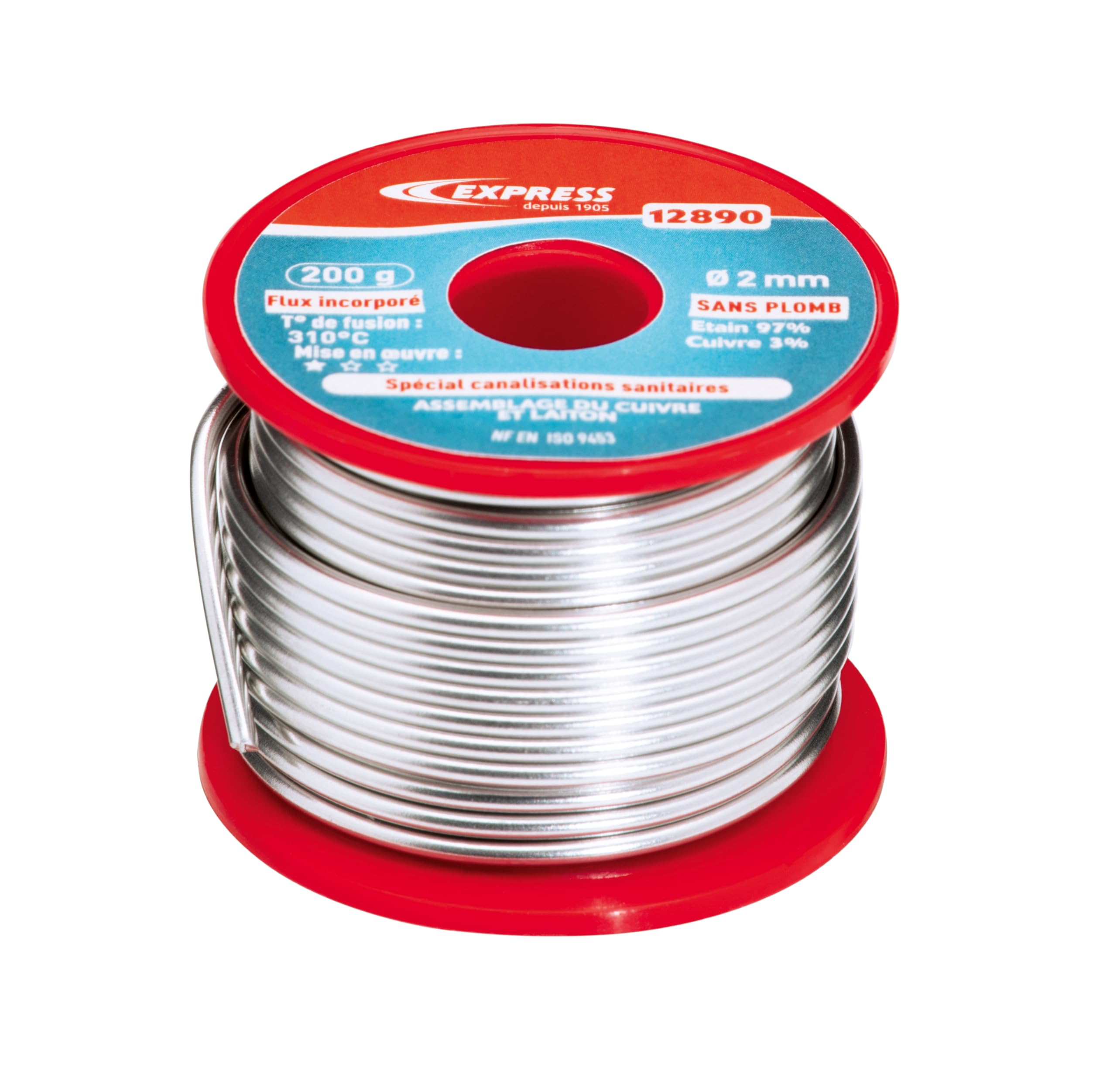 Express, 12890, Accessoire pour Fer à Souder, Soudure Étain pour Assemblage Cuivre, Laiton, Canalisations Sanitaires (Eau Potable), 97% Étain et 3% Cuivre (Sans Plomb), 200 g, d 2 mm, Flux incorporé