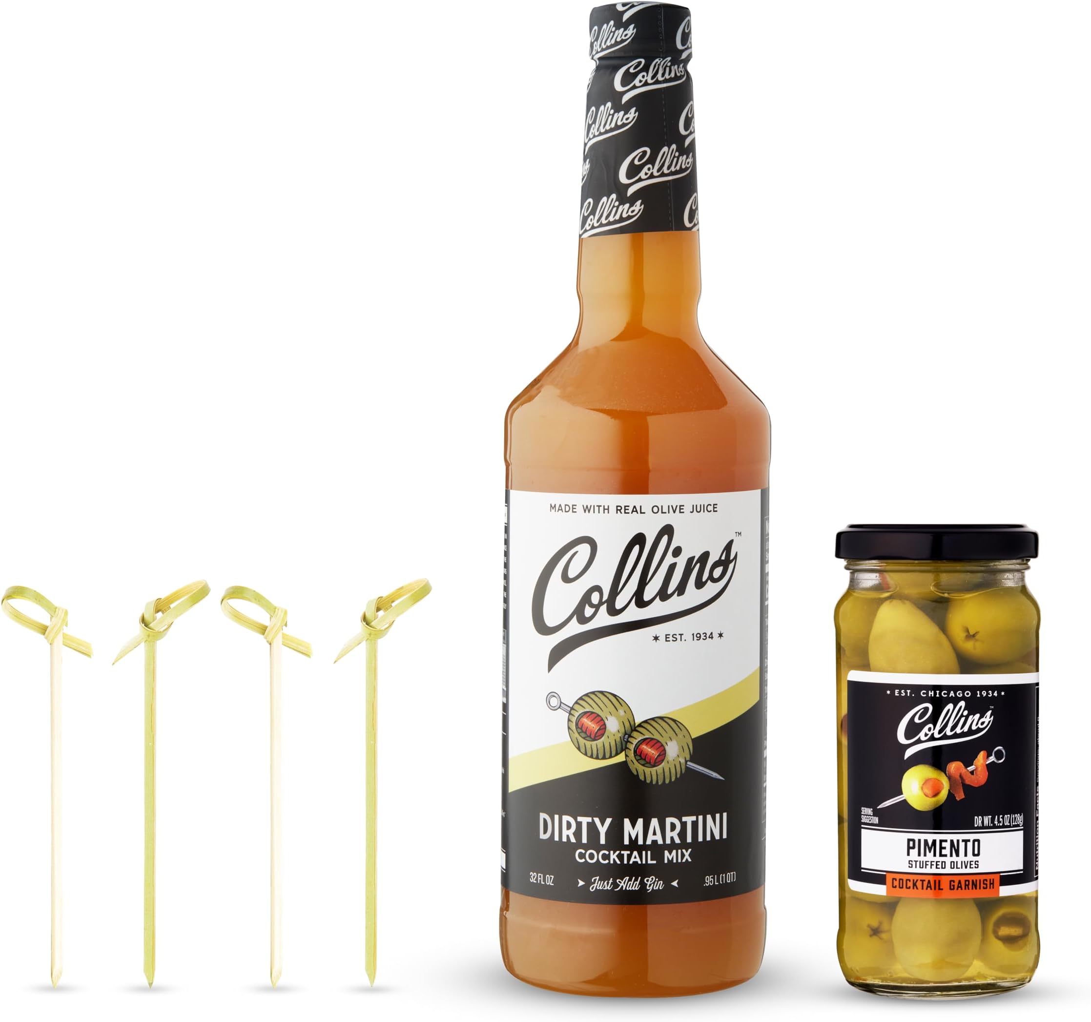 Collins Dirty Martini Kit, Gin Cocktail Mix, Stuffed Gourmet Olives, Drink Picks, Olive Brine Mixer, Home Bar Accessories, Home Bar Kit, Bartender Mixer, Drinking Gifts, Mixology Kit, Set of 3