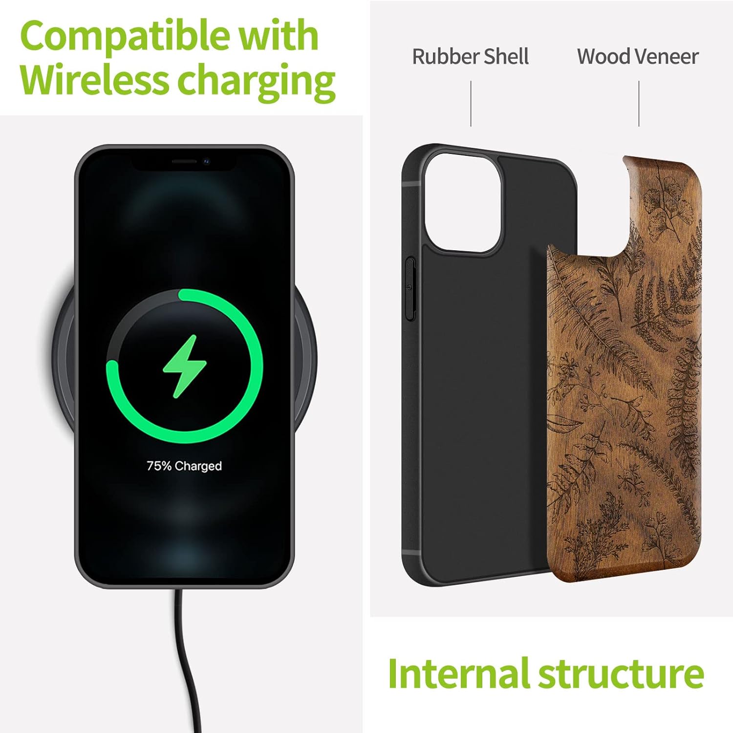 Carveit Magnetic Wood Case for iPhone 13 Case [Hard Real Wood & Black Soft TPU] Unique & Classy Wooden Shockproof Protective Cover Compatible with MagSafe (Fern Leaves & Herbs -Walnut)