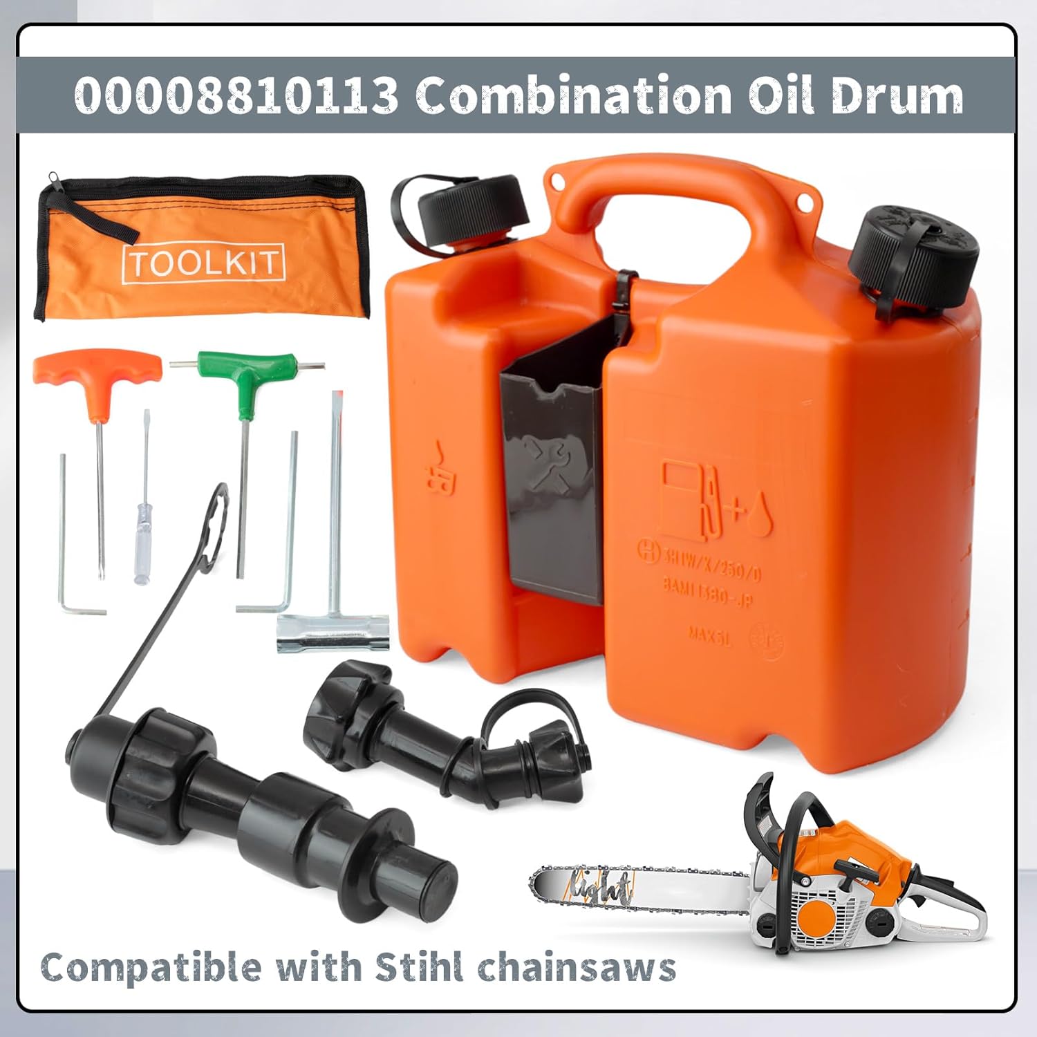 00008810113 Fuel Container Compatible with Shtil Chainsaw, Fuel & Chain Oil 5L + 2L Combination Drum w/2 Spill Proof Smart Control Spout Nozzles Orange