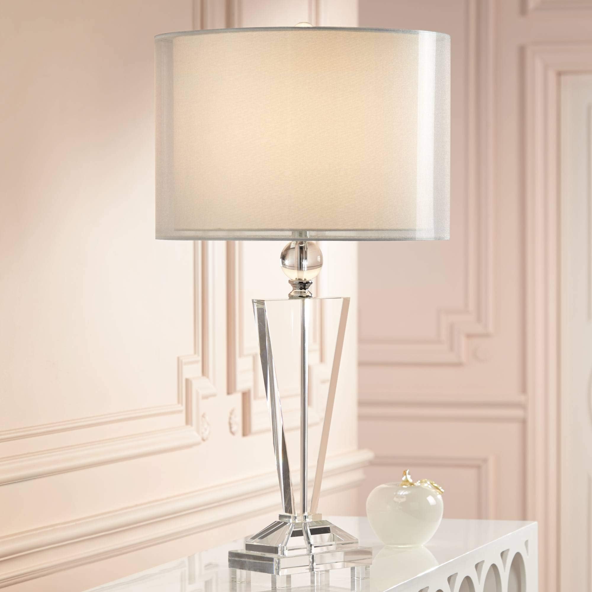 Modern Glam Luxury Style Table Lamp 30.5" Tall Clear Crystal Trophy Double Sheer Silver White Drum Shade Decor for Living Room Bedroom House Bedside Nightstand Home Office