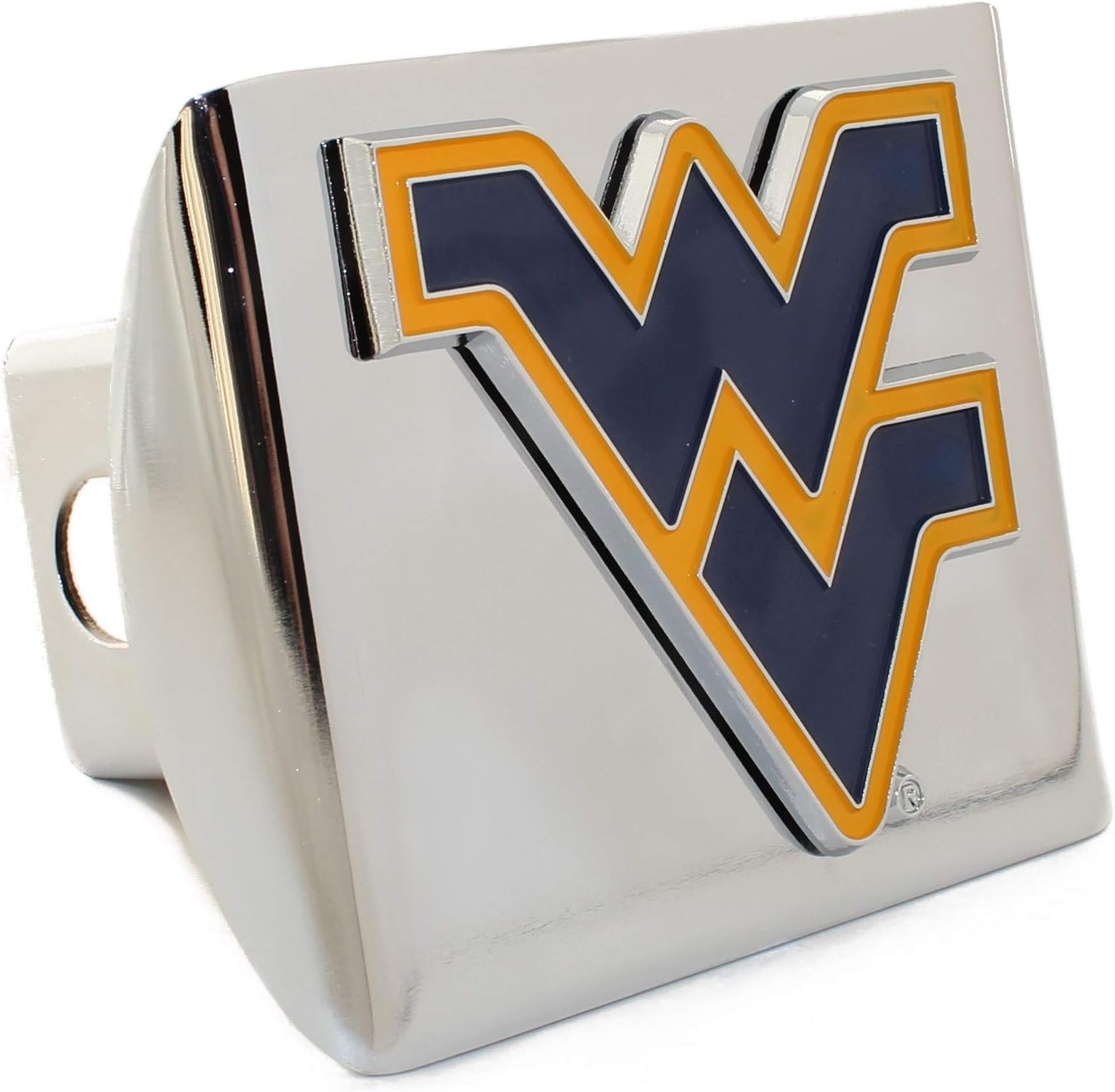 MVP Motorsports West Virginia Mountaineers Premium Chrome Metal Trailer Hitch Cover with Navy & Yellow Logo