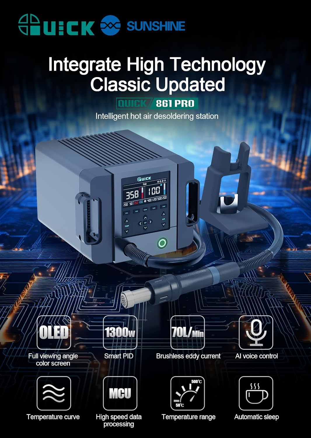 QUICK/SUNSHINE 861 Pro Hot Air Rework Station Soldering Station Intelligent Digital Display 1300W Desoldering Station For PCB Chip Repair