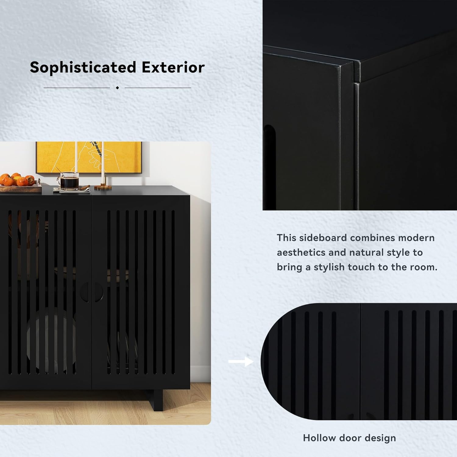Modern Style Sideboard with Storage Space, Hollow Door Design and 2 Adjustable Shelves for Living Room and Dining Room