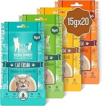 PACK’N PRIDE Cat Treats, 20 x 15g (300g Total) Creamy Cat Lick Sticks - 4 Mixed Flavors (Chicken & Salmon Oil, Tuna & Wheat Grass, Chicken & Krill, Tuna & Scallop), Natural Healthy Snack, Grain-free