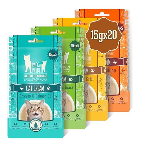 PACK’N PRIDE Cat Treats, 20 x 15g (300g Total) Creamy Cat Lick Sticks - 4 Mixed Flavors (Chicken & Salmon Oil, Tuna & Wheat Grass, Chicken & Krill, Salmon & Scallop), Natural Healthy Snack, Grain-free - Chicken&Seafood&Wheat grass - 300 g (Pack of 1)