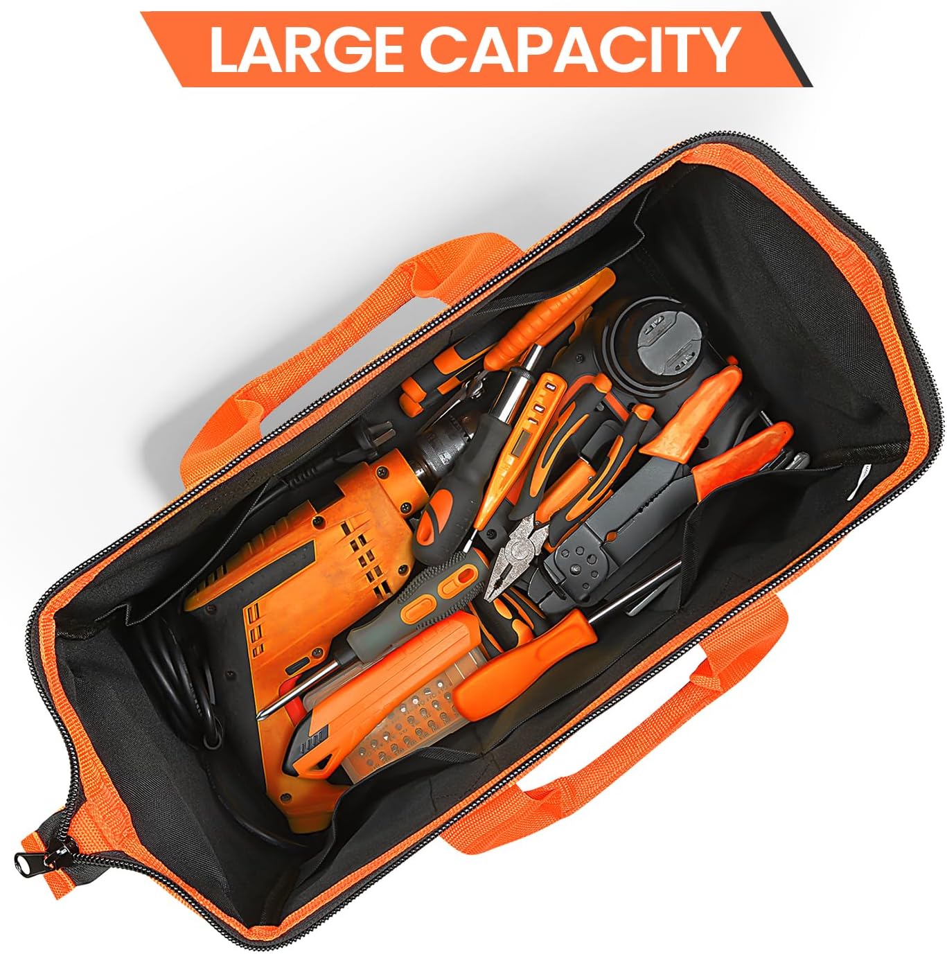 Wide Mouth Tool Bag, Heavy Duty Tool Bags for Men, 12-Pocket Portable Empty Tool Box Organizer Storage for Mechanic, Electrician, 17.3 inch, 600D Oxford, Orange - Image 6