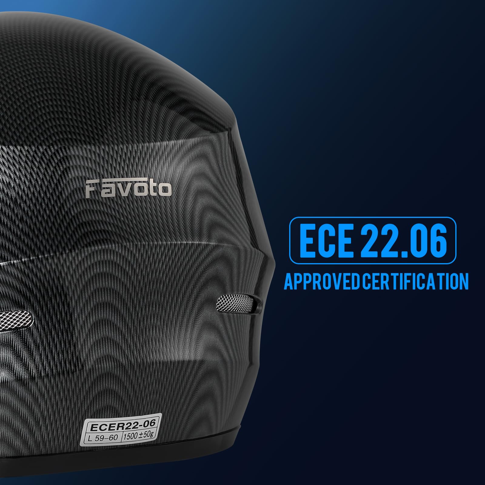 Favoto Casco Moto Integrale – Uomo e Donna, Certificato ECE, Traspirante e Confortevole, con Visiera Trasparente Antigraffio e Chiusura a Cricchetto, Fibra di Carbonio,L (59-60cm)
