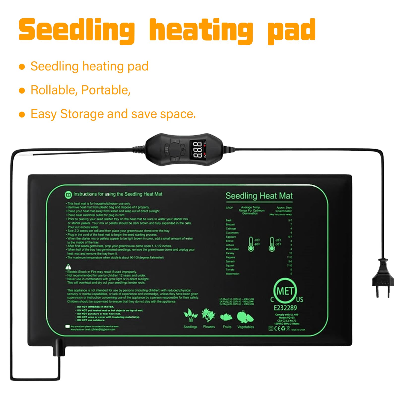 GOMETY - Alfombra térmica para plantas con termostato, 50 W impermeable para siembra y germinación, alfombra calefactora ajustable 52,5 x 25 cm para plantas, animales y reptiles