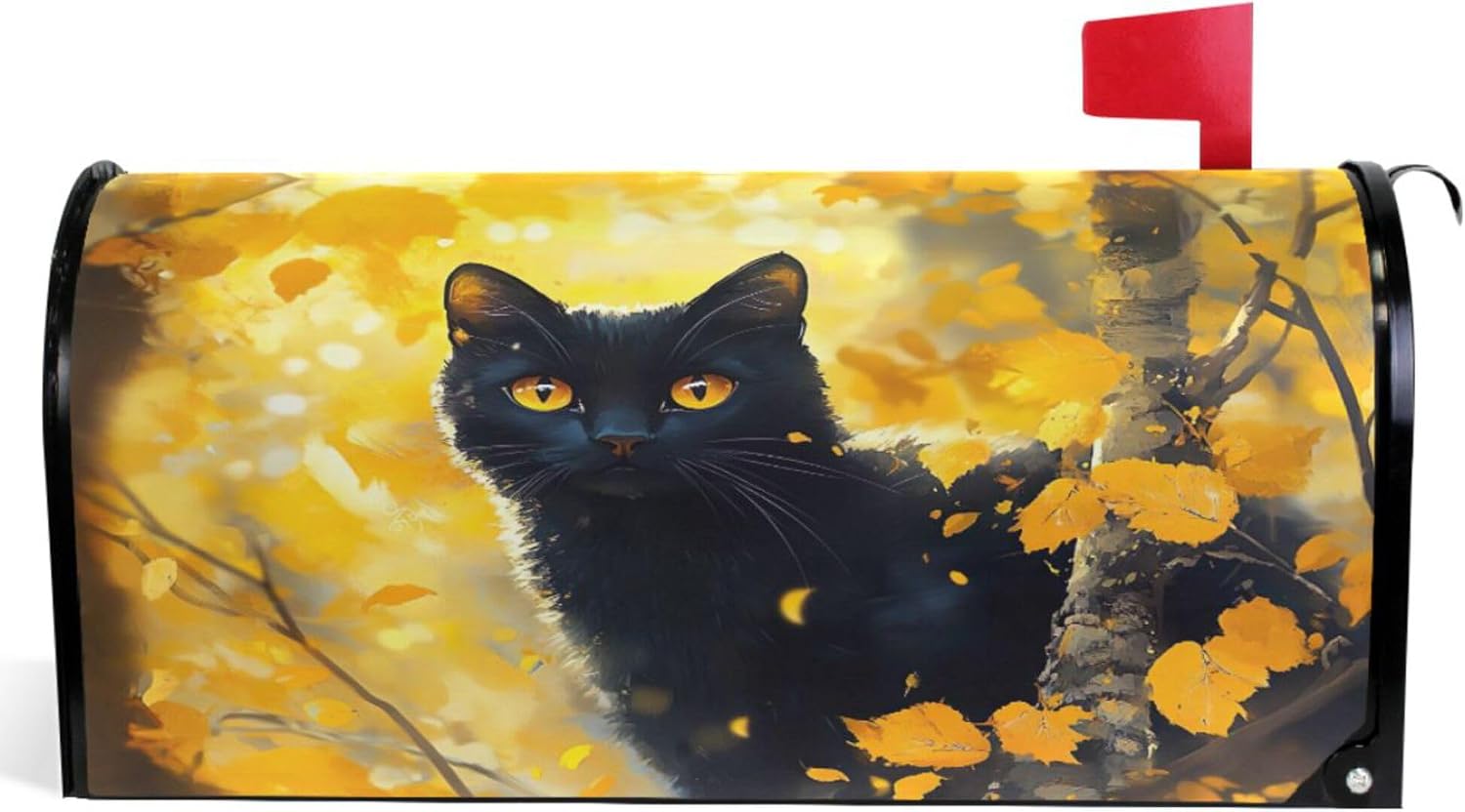 Decorative Mailbox Magnetic Covers Black Cute Cat Yellow Forest Fall Mail Box Vinyl Modern Mailbox Decorations Standard Size 20.7x18.03 inch
