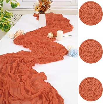 3 Pack Burnt Orange Cheesecloth Table Runners, 35x120 Inch | Boho Gauze Table Runners with Soft Wrinkled Texture Wedding Table Runners for Baby Showers Birthday and Bridal Showers