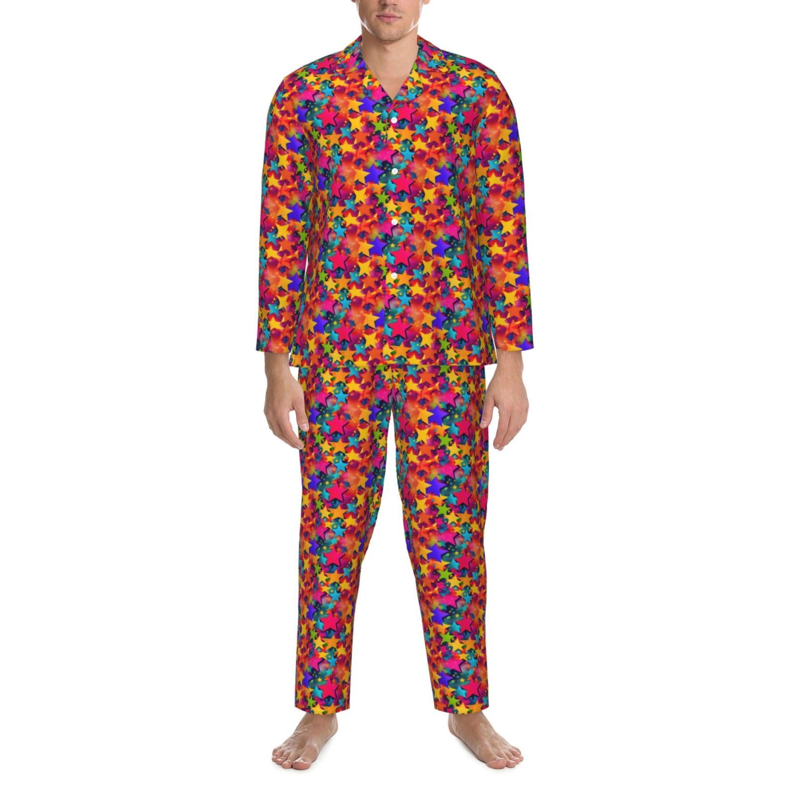 Herren-Pyjama-Set, langärmelig, Regenbogen-Stern-Aufdruck, zweiteilig, Hauskleidung, bequeme Nachtwäsche