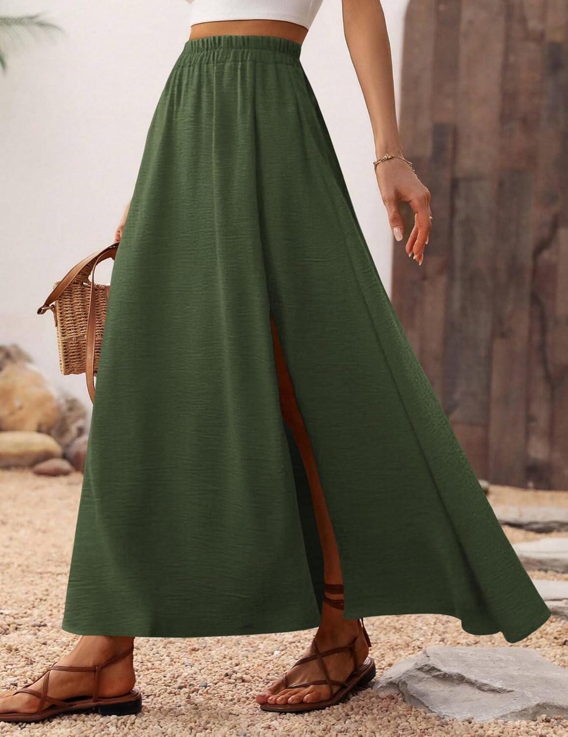 Zeagoo Lange elegante zomerrok voor dames, A-lijn, elastische hoge taille, maxirok, effen, flowy, vrijetijdsrok, strandrok met split, S-XXL, zwart, S