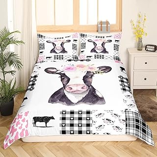 Feelyou Cow Print Duvet Cover Set Cartoon Milk Cow Comforter Cover Floral Print Bedding Set Black White Pink Bedspread Cover for Kids Boys Girls Adults Twin Size with 1 Pillow Case