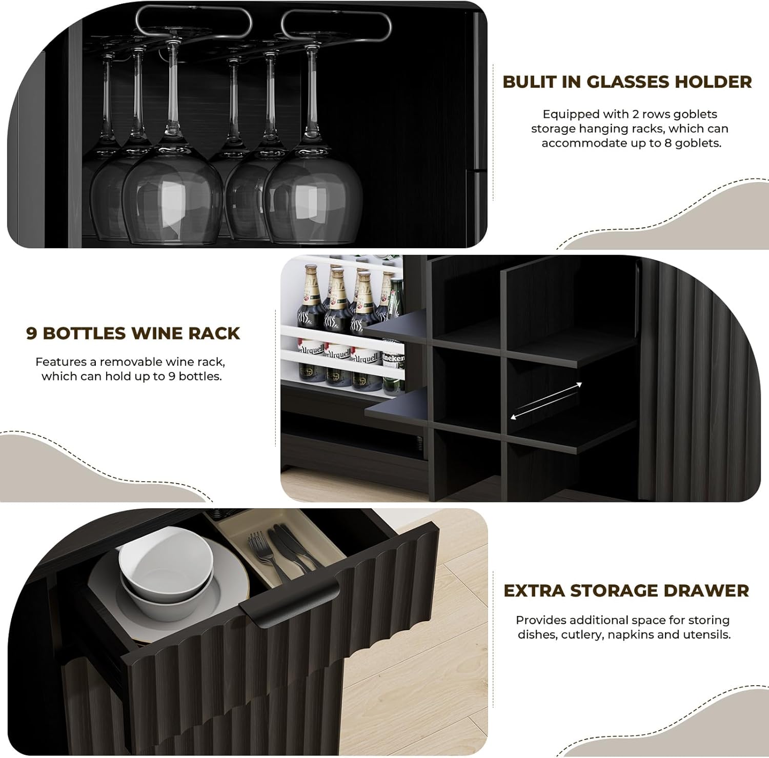 Coffee Bar Cabinet with Fridge (Fridge Included), Fluted Wine Bar Cabinet with Wine Rack and Glass Holder, Buffet Sideboard Table Liquor Cabinet with Drawer & Storage, Home Bar, Black