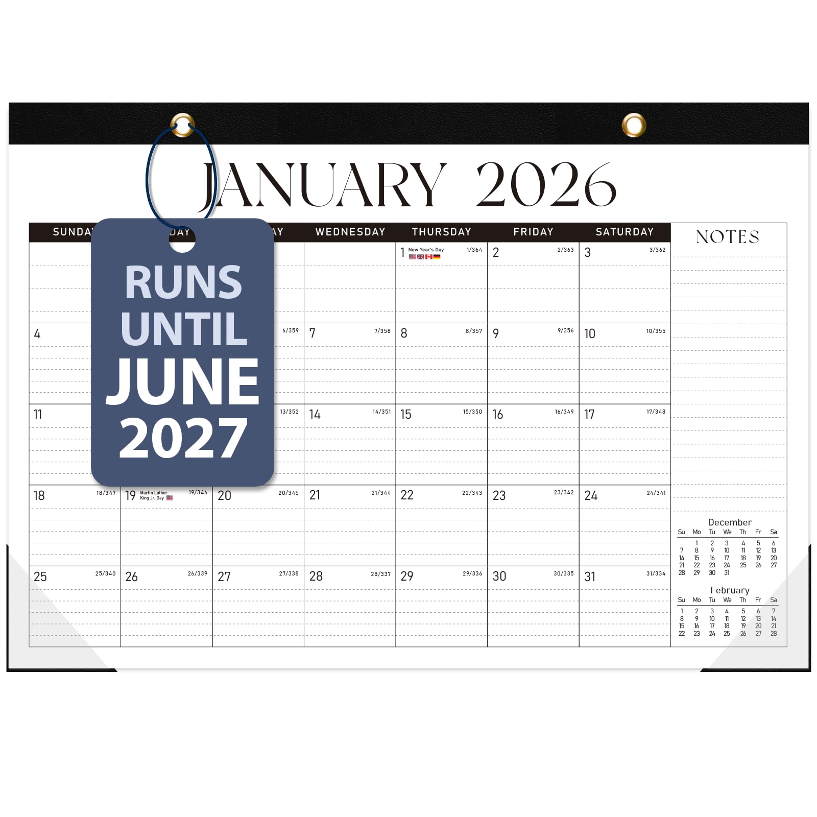 Calendrier de bureau 2026, grand calendrier mensuel de bureau/mural (janvier 2026 à juin 2027) 43,2 x 30,5 cm pour enseignants, famille, école, bureau