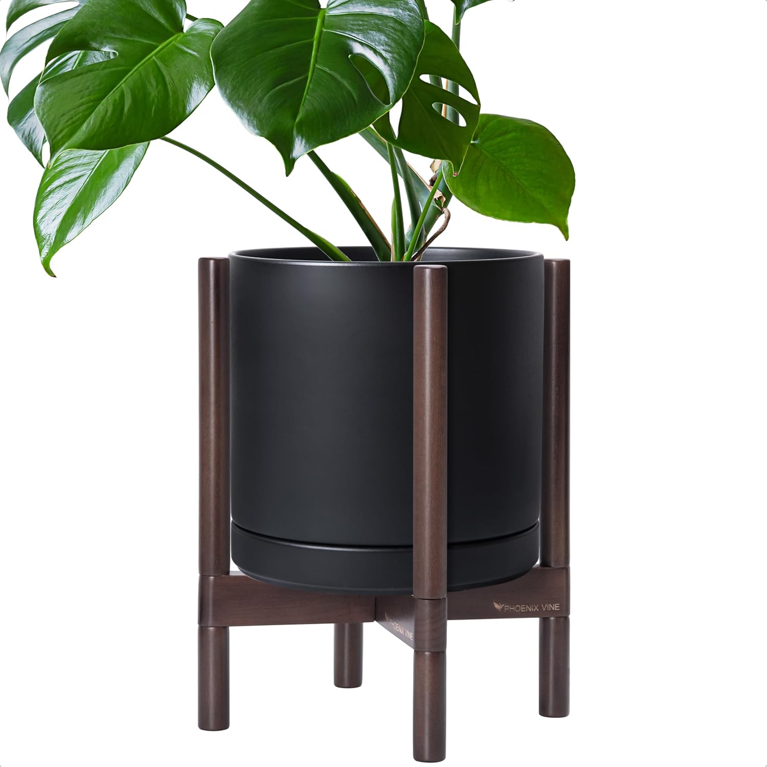 D'vine Dev Ceramic Planter with Ebony Stand - 12 Inch Modern Round Flower Pot with Wood Planter Holder, Black/Speckled Tan, 55-B-H-7