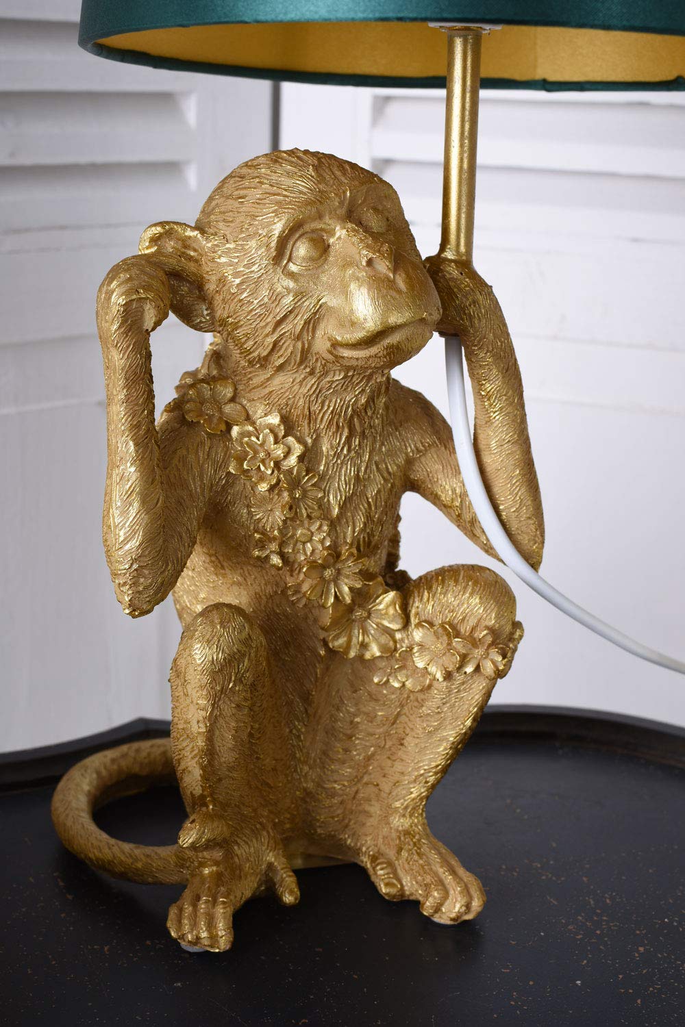 Affen Tischlampe „The Jungle Book“ – Gold-schwarze Skulpturlampe, 62 Cm Hoch, Mit Stoffschirm, E14 Fassung