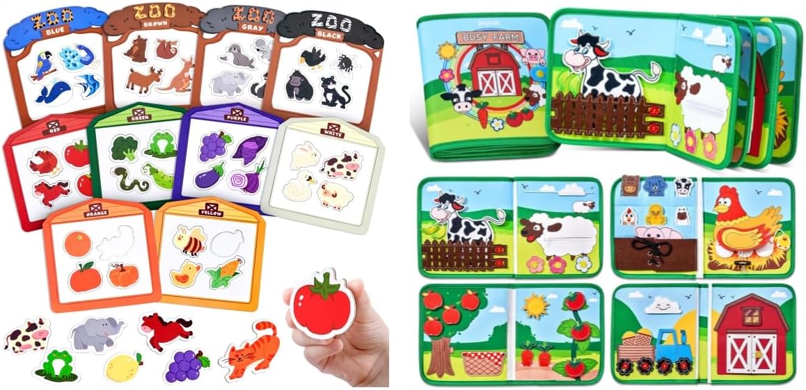 JoyCat Farm Busy Book for Toddlers 1-3 - 1 Year Old Boys Girls Gifts Toys+Color Sorting Sensory Toys, 10-Piece Wooden Magnetic Color Set for Toddlers
