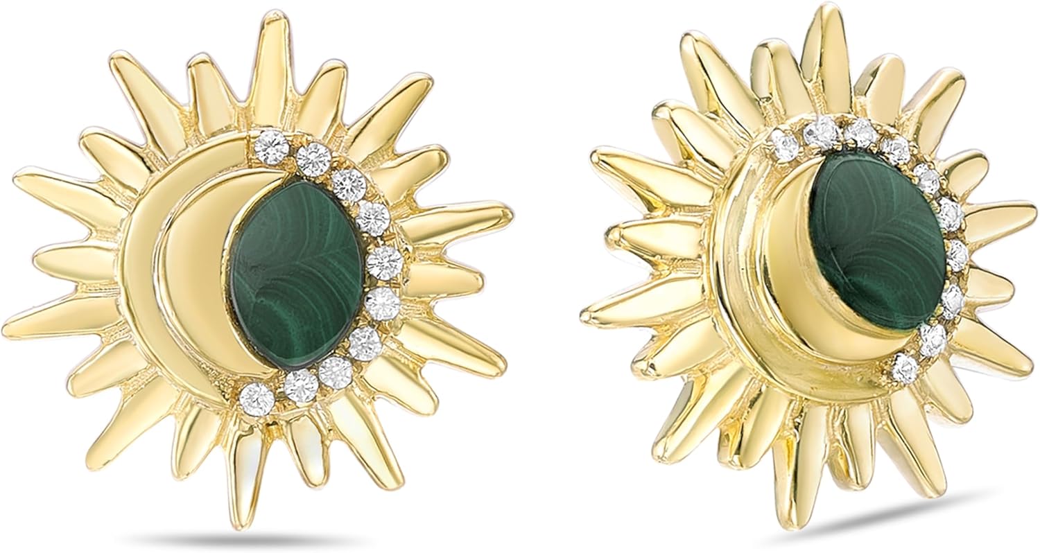 Lavari Jewelers Celestial Stud Earrings for Women with Black Onyx or Malachite and Created White Sapphire - 14k Yellow Gold Plated 925 Silver Sun Earrings for Her - Push Back Studs - Modern Design