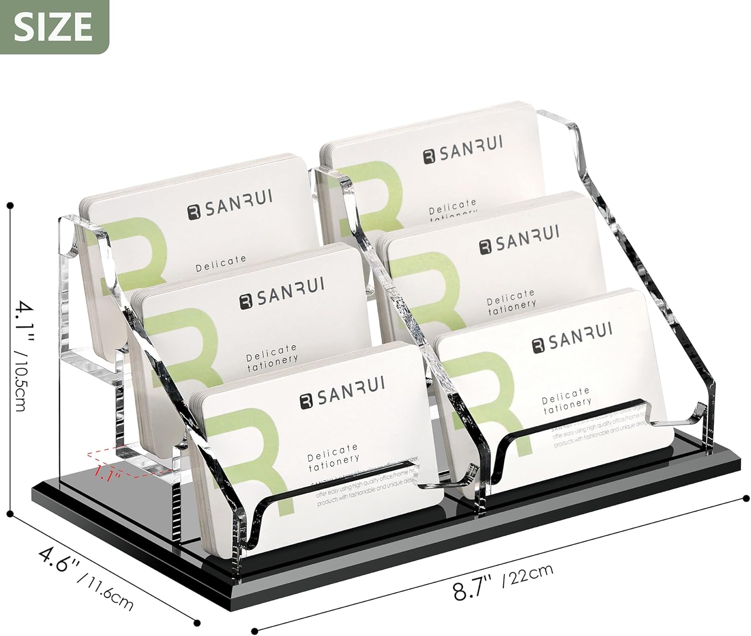 SANRUI Black Business Card Holder for Desk 6 Slot , Clear Acrylic Horizontal Name Card Stand for Women and Men, Desktop Organizer Display for Office Home Exhibition - 360 Card Capacity 1 Pack
