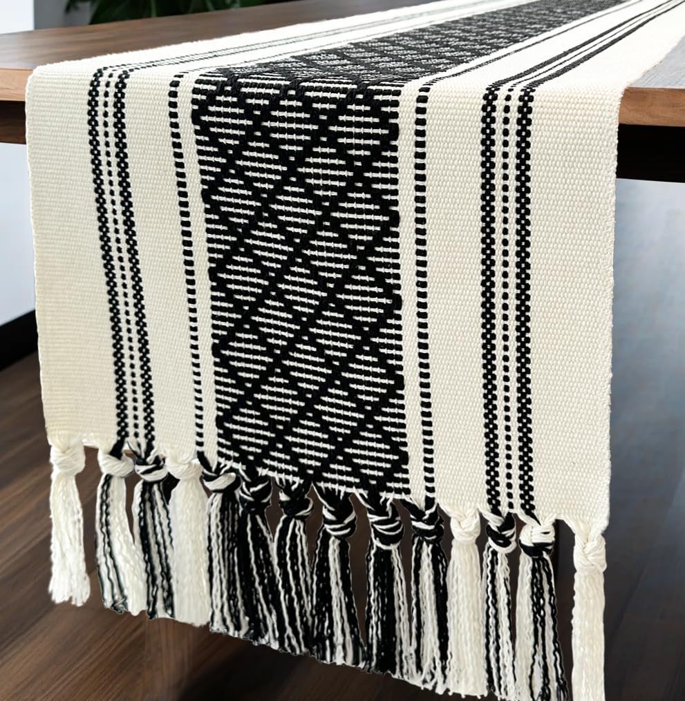 Amazon.com: Boho Chic Dining Table Runner Textured Woven Black and White Table Runner with ...