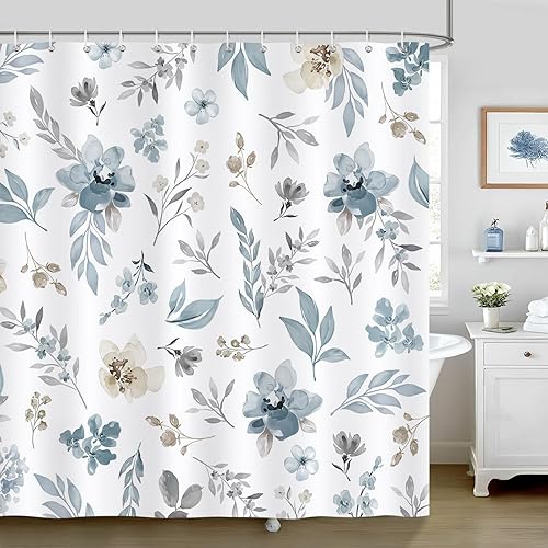 Bonhause Cortina de ducha floral, hojas de flores azules y beige, decoración minimalista moderna de baño, 72 x 72 pulgadas, tela de poliéster,