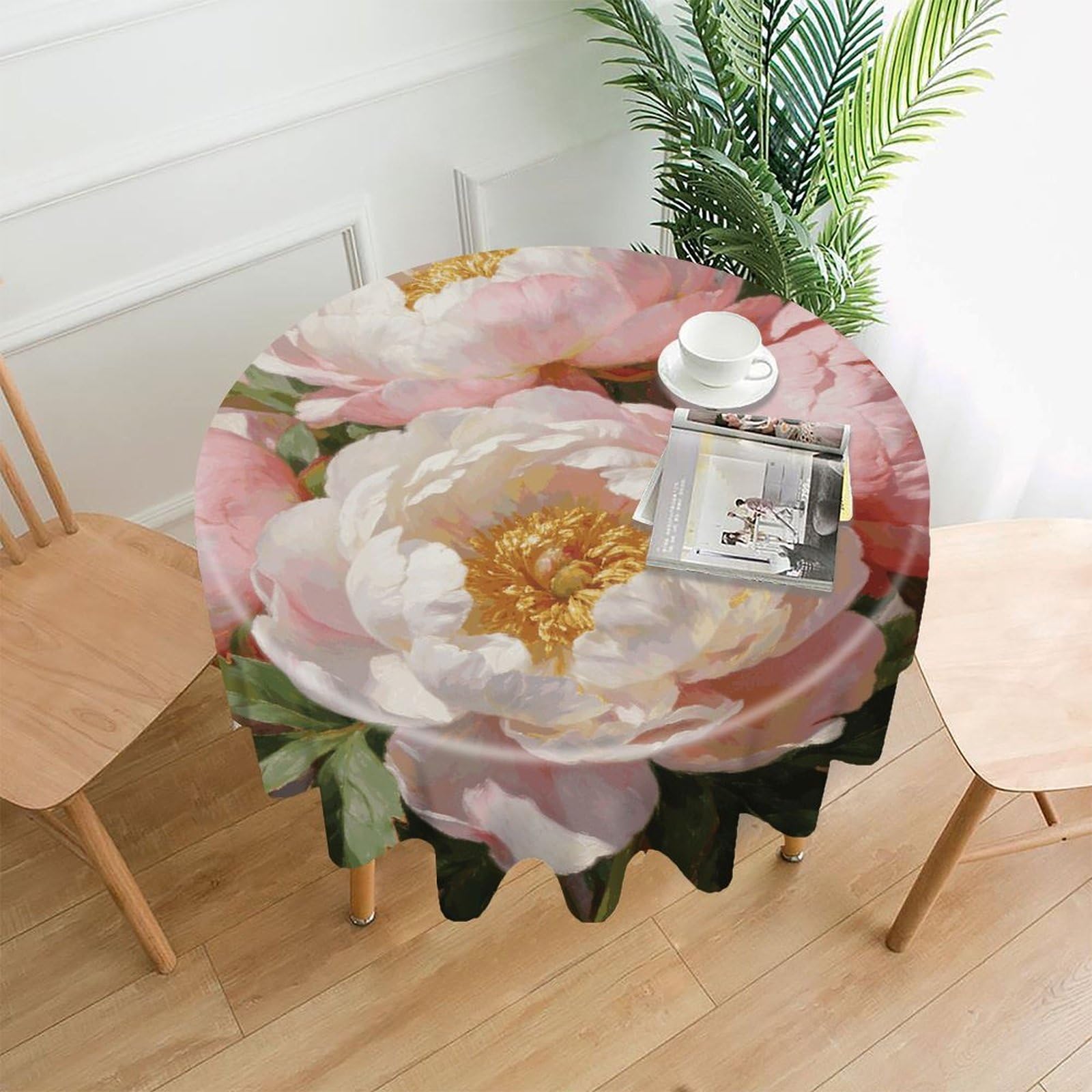 LZQPOEAS Peony Tablecloth Easy to Clean Polyester Round Table Cover Washable Round Table Cloth Wrinkle-Free Circle Decoration Tablecloth for Kitchen and Dining Room 60"