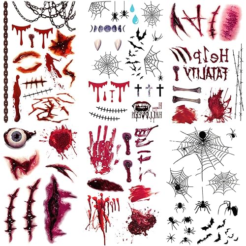 Yesallwas 6 hojas de tatuaje de cara aterradora de Halloween, cicatriz de heridas temporales, araña, maquillaje, costuras para brazos, kit de