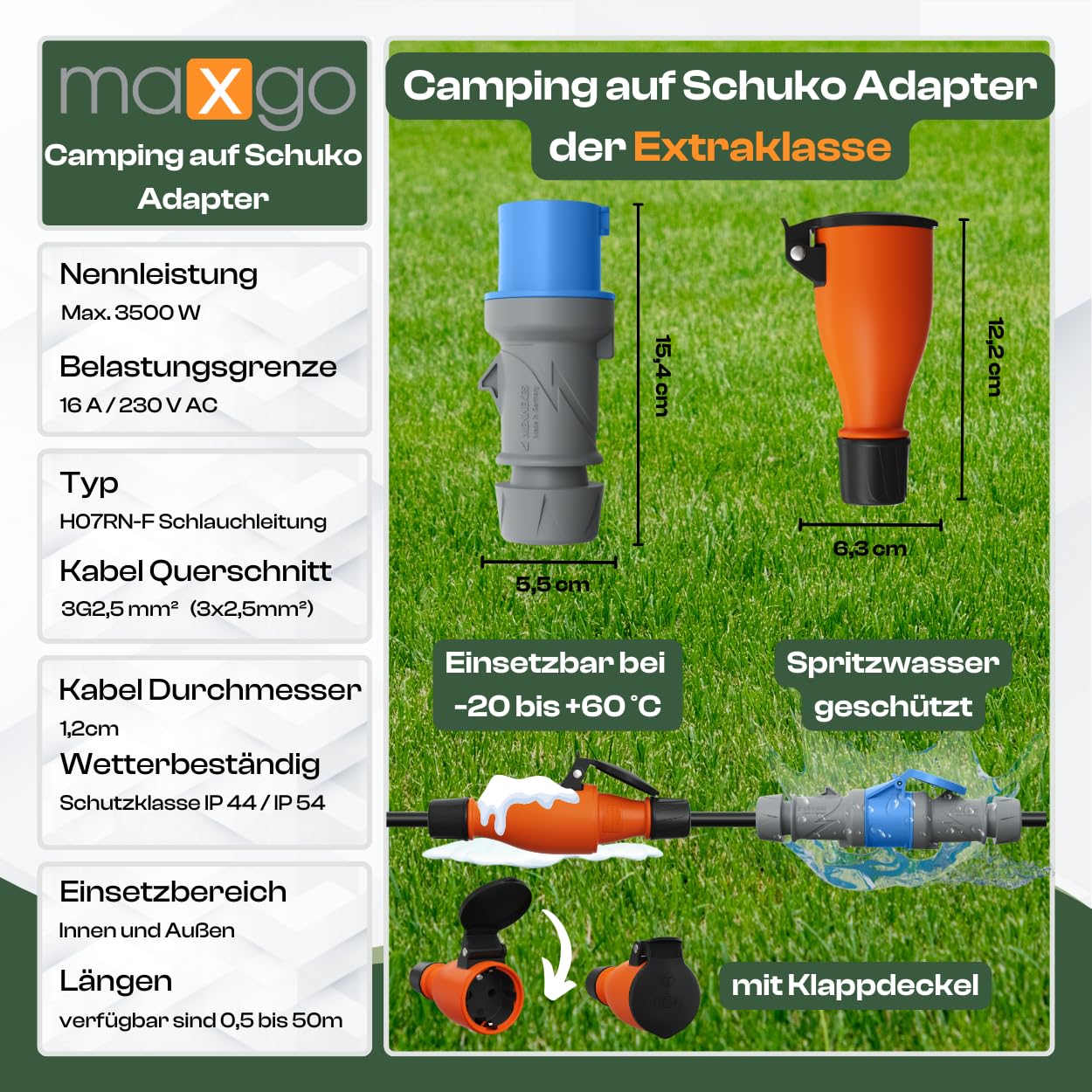CEE auf Schuko Adapter 20m Camping Stromkabel H07RN-F 3x2,5 Landstromkabel Wohnmobil Wohnwagen Kabel Camping Adapter 20 Meter Strom Verlängerungskabel CEE-Stecker Campingstecker