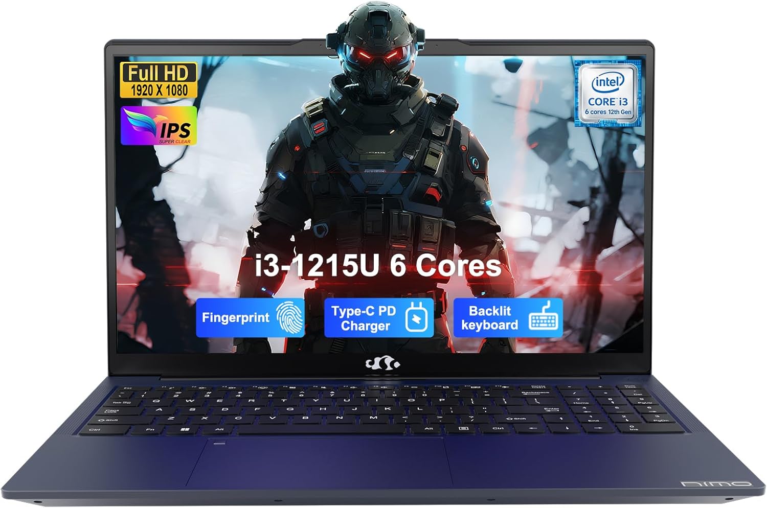 NIMO 15.6" IPS FHD-Laptop, Intel 6 Cores I3-1215U 32GB RAM 2TB SSD (Beats i5-1135G7, Up to 4.4GHz) Student Computer with 65W Type C Backlit Keyboard Fingerprint, for Home and Business, Blue