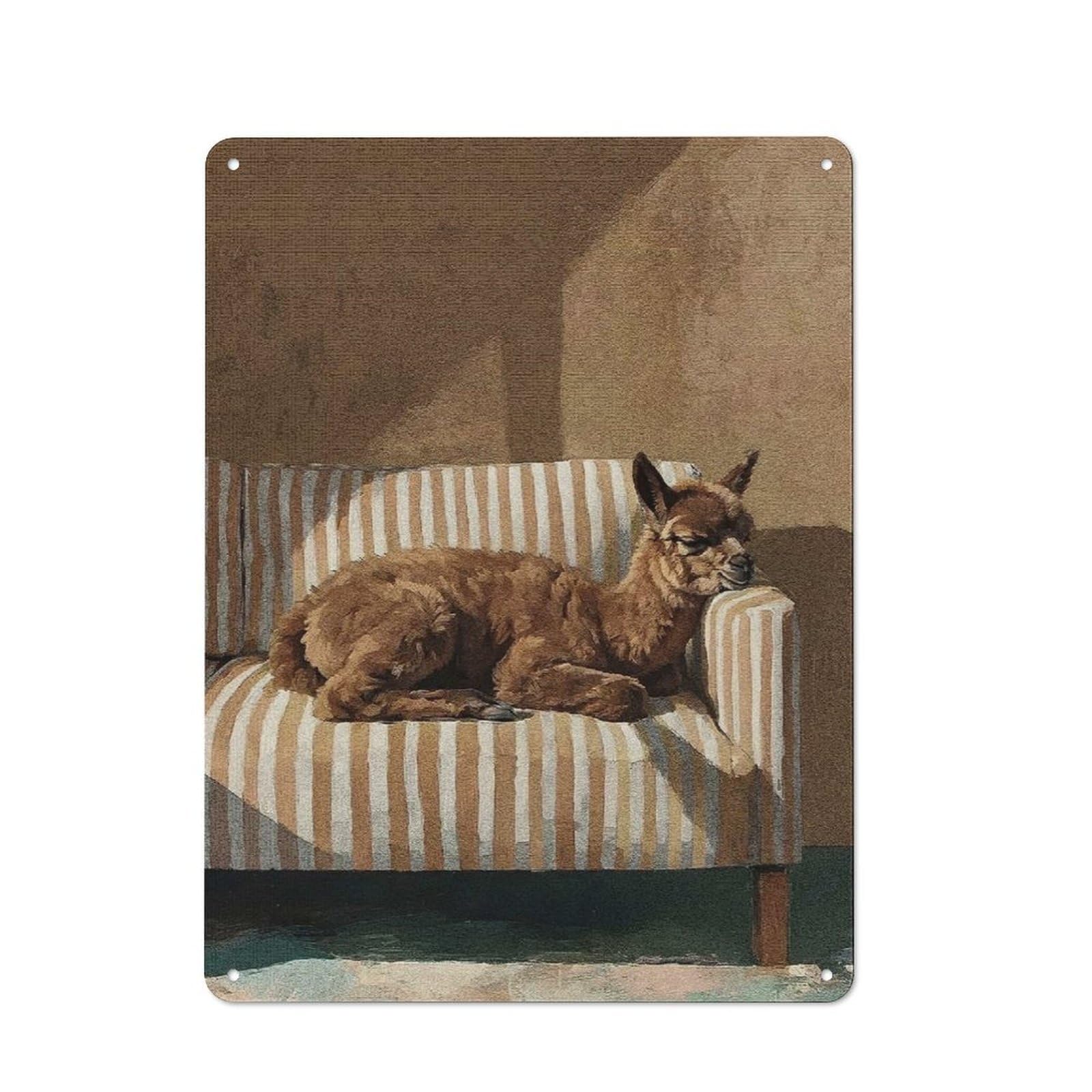 Junmoney Style-8 Resting Alpaca On Striped Couch Rustic Tin Wall Plaque 40X30cm For Hobby Room Or Studio, A Christmas Gift For People Styling Hobby Room And Studio