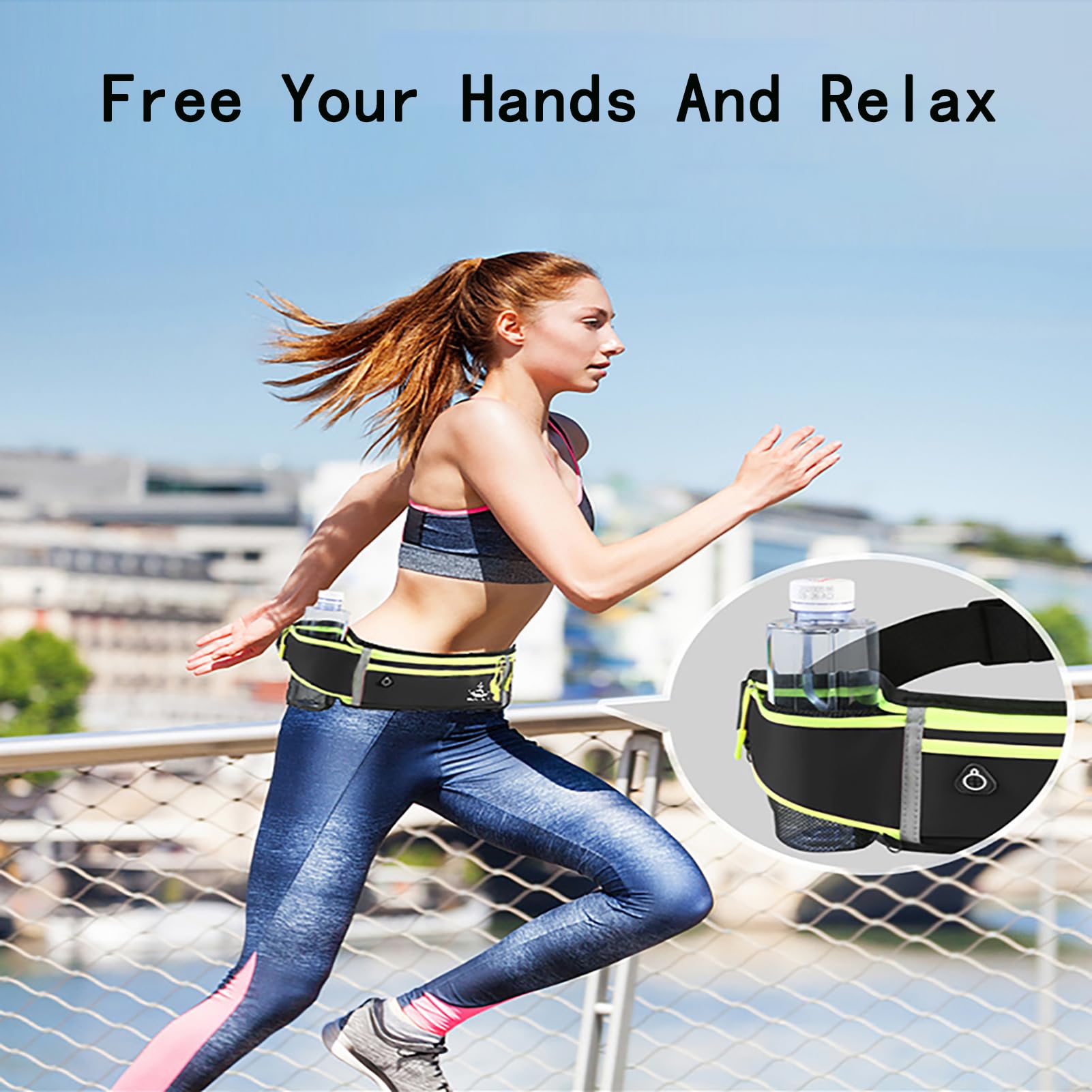 Riñonera ajustable de 4 bolsillos para correr, ligera, sin rebotes, para iPhone, gimnasio, maratón, ciclismo y entrenamiento, Negro -, Adjustable, Cinturón de fitness para correr