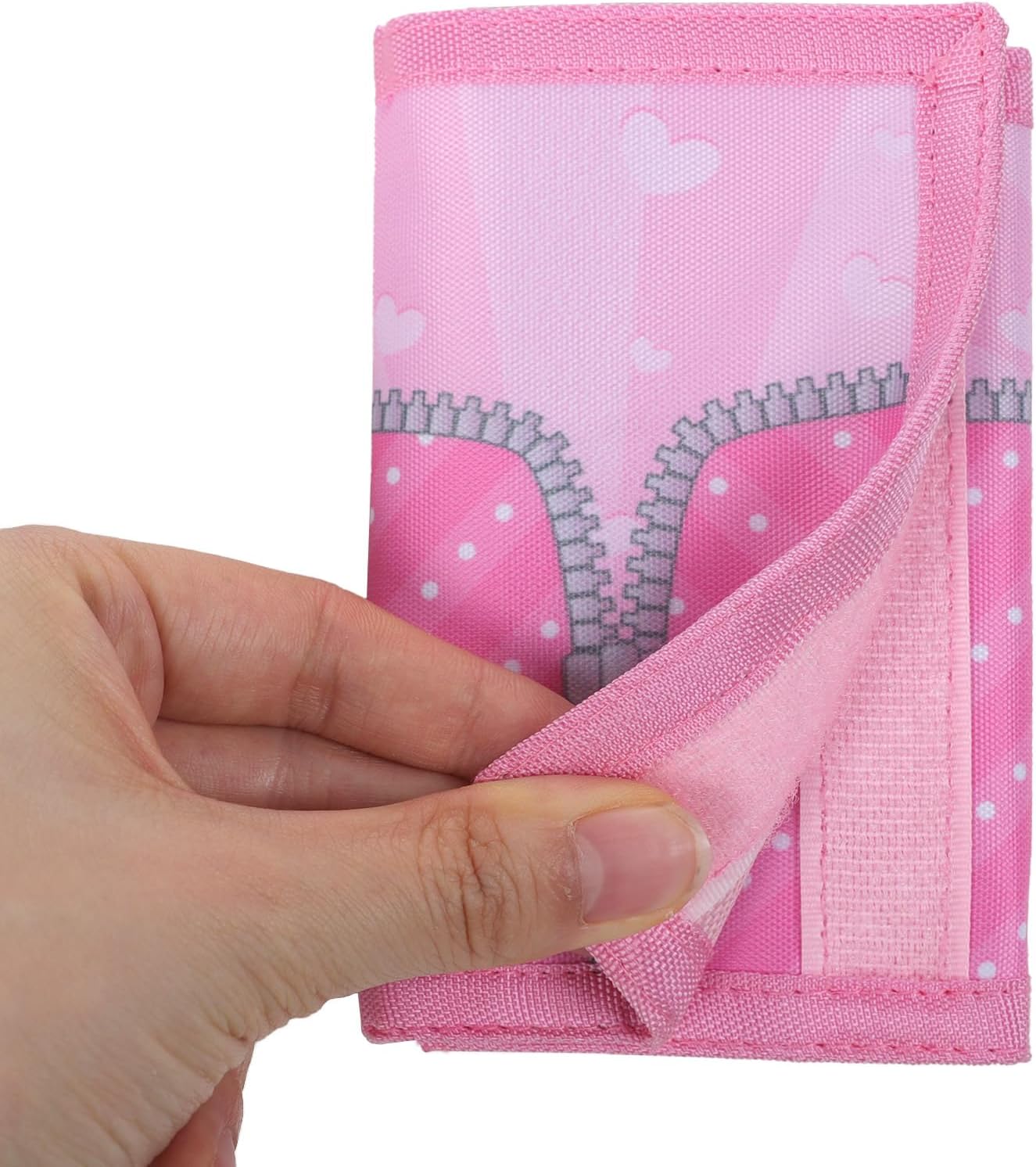 Kids Trifold Wallet with Anti-Lost Lanyard Girls Sweet Pink Heart Pattern Canvas Wallet with Zipper Coin Pocket Card Holder Purse for Women Girls Teens Daily Outdoor Casual Travel Birthday Gift